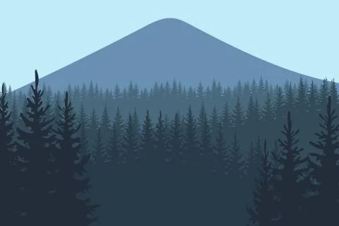 Illustration of hills of coniferous wood in dark blue tone. Vector. Stock Illustration