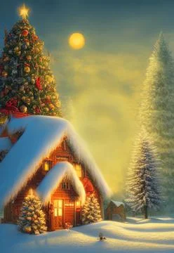 Illustration of a house and a Christmas tree in the mountains Stock Illustration