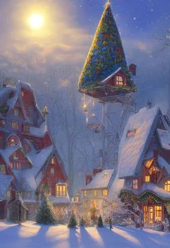 Illustration of a house and a Christmas tree in the mountains Illustrazione stock