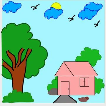 Illustration of a house on a background of trees, clouds and birds. Stock Illustration