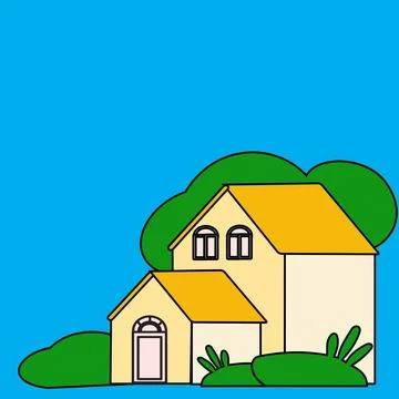 Illustration of a house on a background of trees, clouds and birds. Stock Illustration