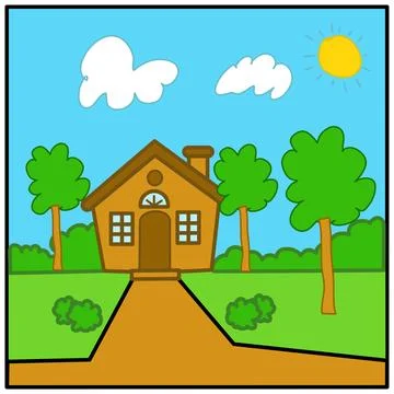 Illustration of a house on a background of trees, clouds and birds Stock Illustration