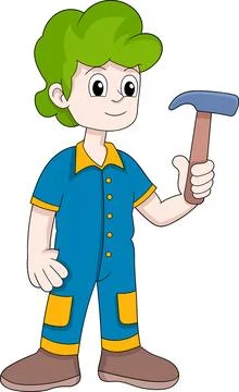 Illustration of human activity, carpenter boy carrying a hammer for home re.. Stock Illustration