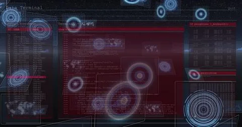 Illustration of illuminated circles with database over infographic screen Stockillustratie