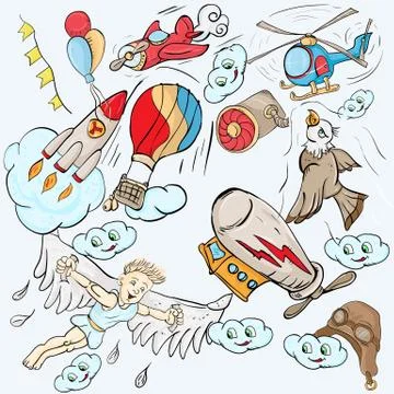 Illustration with the image of objects which can fly through the air Stock Illustration