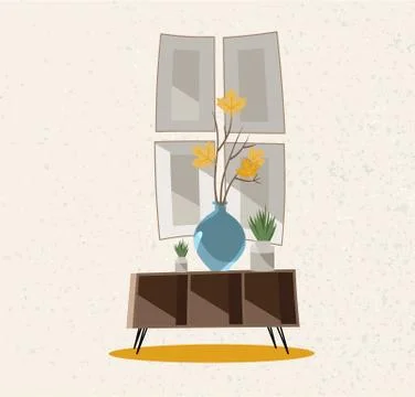 Illustration of an interior group. A coffee table with a glass vase, indoor p Illustrazione stock