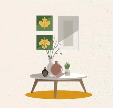 Illustration of an interior group. A table on legs with a clay vases, indoor  Illustrazione stock