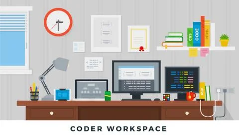Illustration interior programmer workplace vector icon flat isolated Stock Illustration