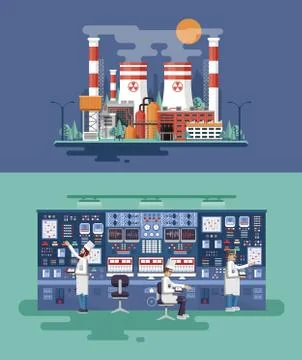 Illustration interior science base, nuclear power plant in flat style Ilustração Stock