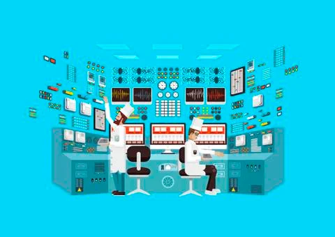 Illustration interior science base, nuclear power plant in flat style Ilustração Stock