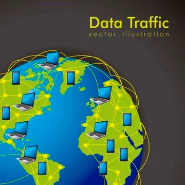 Illustration of internet data traffic, lines of communication planet, vector Illustrazione stock