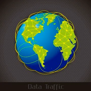 Illustration of internet data traffic, lines of communication planet, vector Stock Illustration