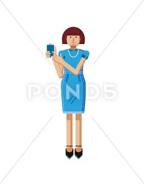 Illustration isolated of European middle-aged woman, brown hair, blue dress Stock Illustration