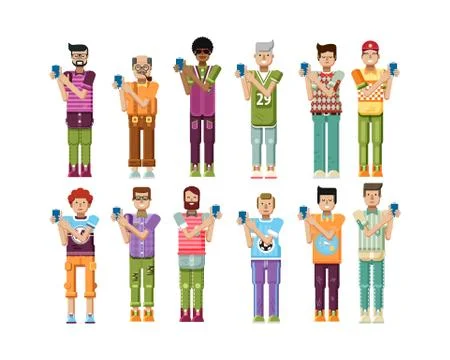 Illustration isolated set of men touch screen smartphone by hands in flat style Stock Illustration