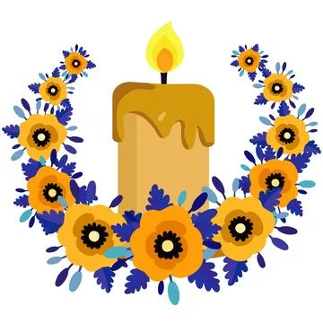 Illustration isolated yellow lighted memory candle, red velvet, marigolds w.. Illustrazione stock