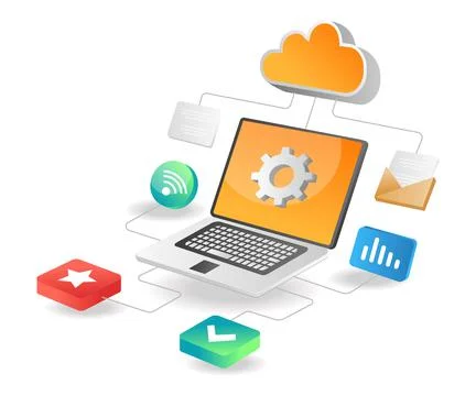 Illustration isometric concept. Cloud server data network working process Stock Illustration