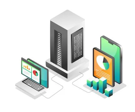 Illustration isometric concept. Computer and smartphone application server Stock Illustration