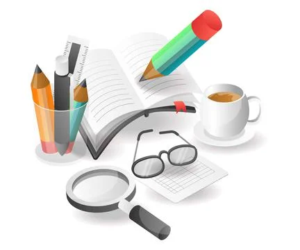 Illustration isometric concept. creative looking for information and writing  Stock Illustration