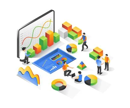 Illustration of isometric concept. Education of data analysis and investment  Stock Illustration