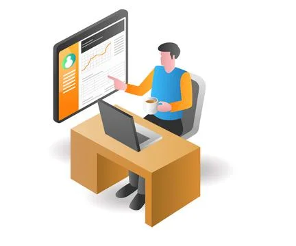 Illustration isometric concept. man looking at investment business analysis d Stock Illustration