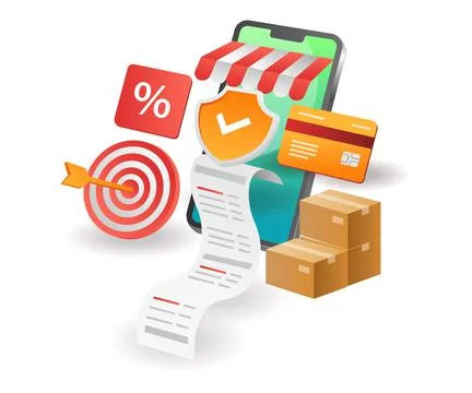 Illustration isometric concept. Security of online shopping transactions in e Stock Illustration