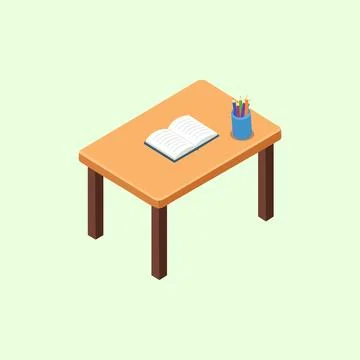 Illustration of an isometric study table with an open book and a colored Illustrazione stock