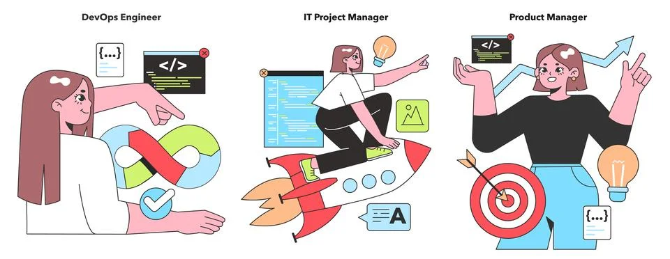Illustration of IT roles with a DevOps Engineer integrating systems, an IT Illustrazione stock