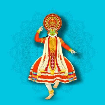 Illustration of Kathakali Dancer performing on blue mandala pattern backgroun Stockillustratie