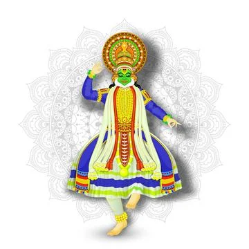 Illustration of Kathakali Dancer performing on white mandala pattern backgr.. 스톡 일러스트