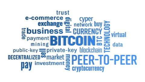 Illustration of a keyword cloud with blue text - bitcoin Stockillustratie