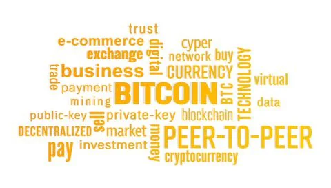 Illustration of a keyword cloud with orange text - bitcoin Stock Illustration