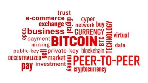 Illustration of a keyword cloud with red text - bitcoin Stockillustratie