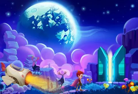 Illustration: The kid try to hack a planet's Core Energy System and steal energy Stock Illustration
