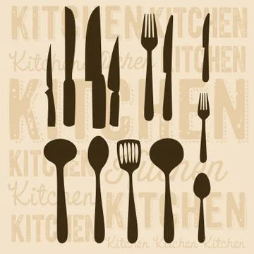 Illustration of kitchen elements. illustration of spoons, knives, forks, and Stock Illustration