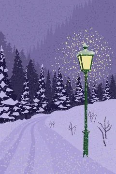 Illustration of a Lamp Post in Winter during snowfall Stock Illustration