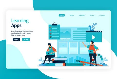 Illustration of landing page for Learning apps. Education process of learning Stock Illustration