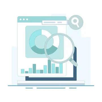 Illustration of Laptop with data analysis tools. Marketing campaign analysis. Stock Illustration