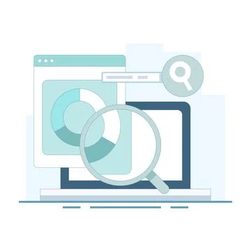 Illustration of Laptop with data analysis tools. Marketing campaign analysis. 스톡 일러스트