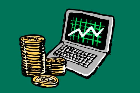 Illustration of laptop with progress graph and stacked coins against green Stock Illustration