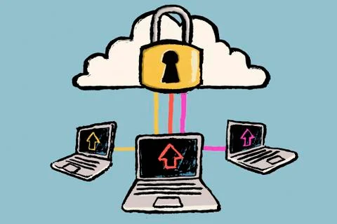 Illustration of laptops connected to cloud against blue background Stock Illustration