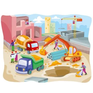 Illustration of a large construction site with construction equipment, people Stock Illustration