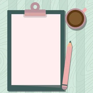 Illustration Of Large Pencil On Top Of Table Beside The Big Blank Clipboard And Stock Illustration