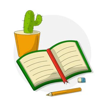 Illustration of learning - do your homework. Open notebook, pencil and cactus Stock Illustration