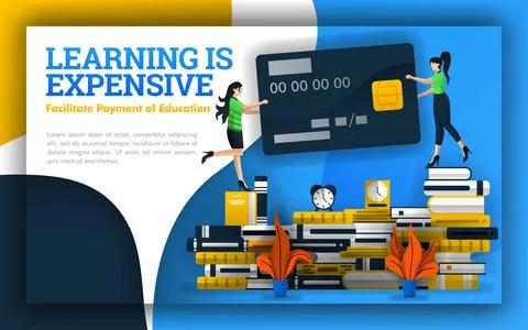 Illustration of learning is expensive. students holding credit cards on piles Stock Illustration