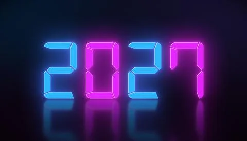 Illustration of an LED display in blue and magenta with the new year 2027. Stock Illustration