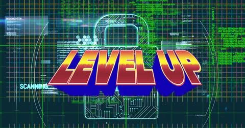 Illustration of level up text over circuit padlock and programming language on Illustrazione stock