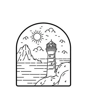 Illustration of lighthouse and sky with cloud in mono line art Stock Illustration