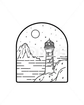 Illustration of lighthouse and sky with stars in mono line art: Royalty ...