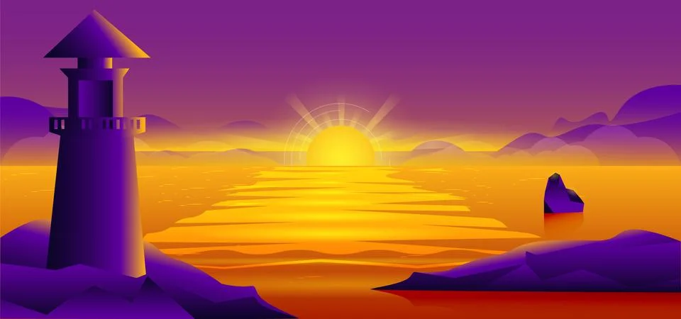 Illustration lighthouse with sunset design background template vector Stock Illustration