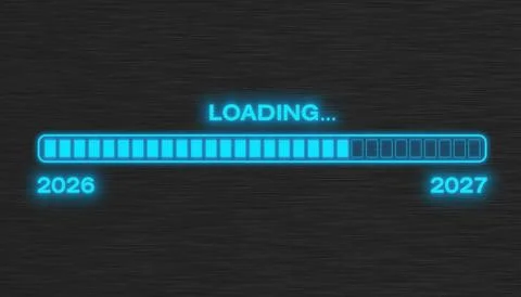 Illustration of loading bar in neon blue with the message loading 2027. Stock Illustration